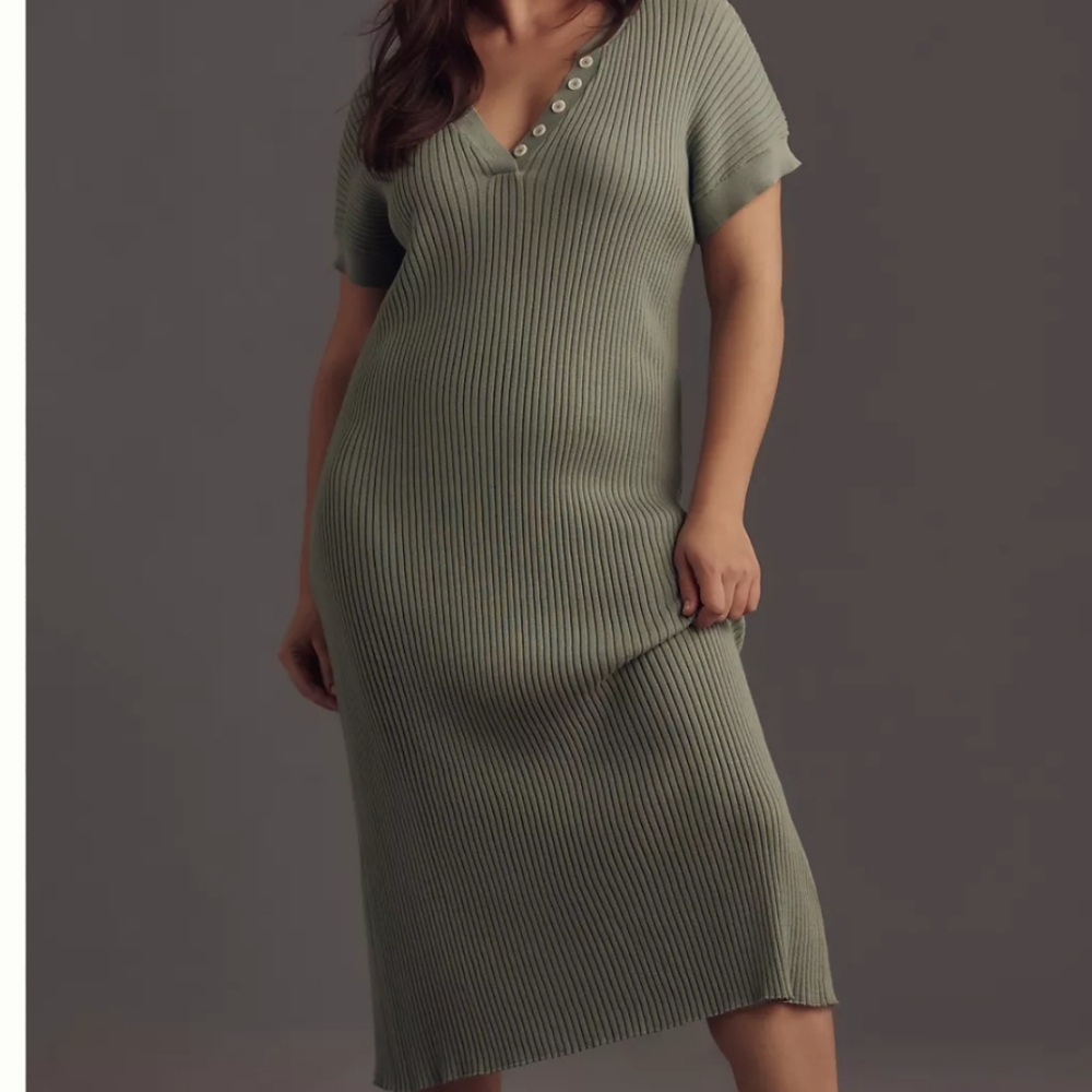 Varley Green Ribbed Sheath Midi Dress